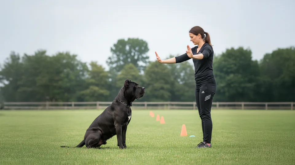Cane Corso noble guardian during obedience training outdoors