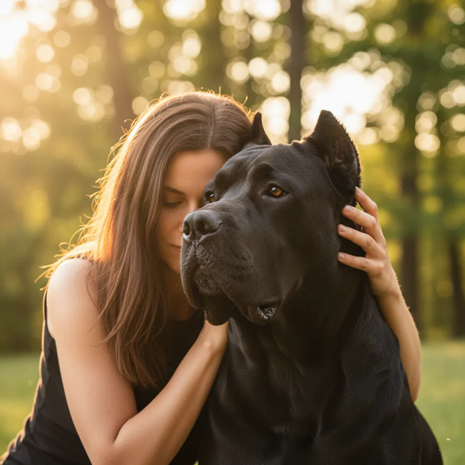 Owner caring for Cane Corso noble guardian, brushing coat