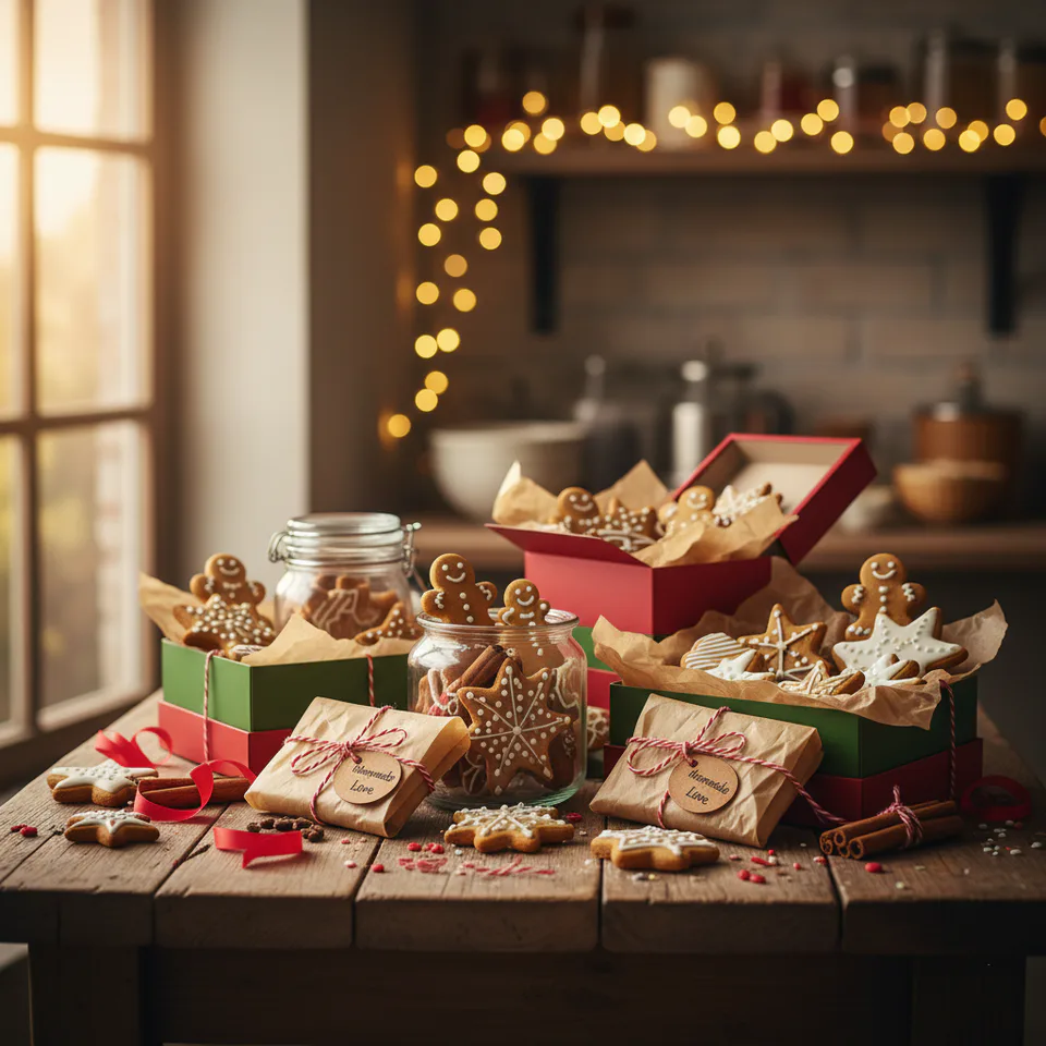 Homemade Christmas biscuits and edible gifts wrapped in paper, ribbon and labelled jars on a rustic table