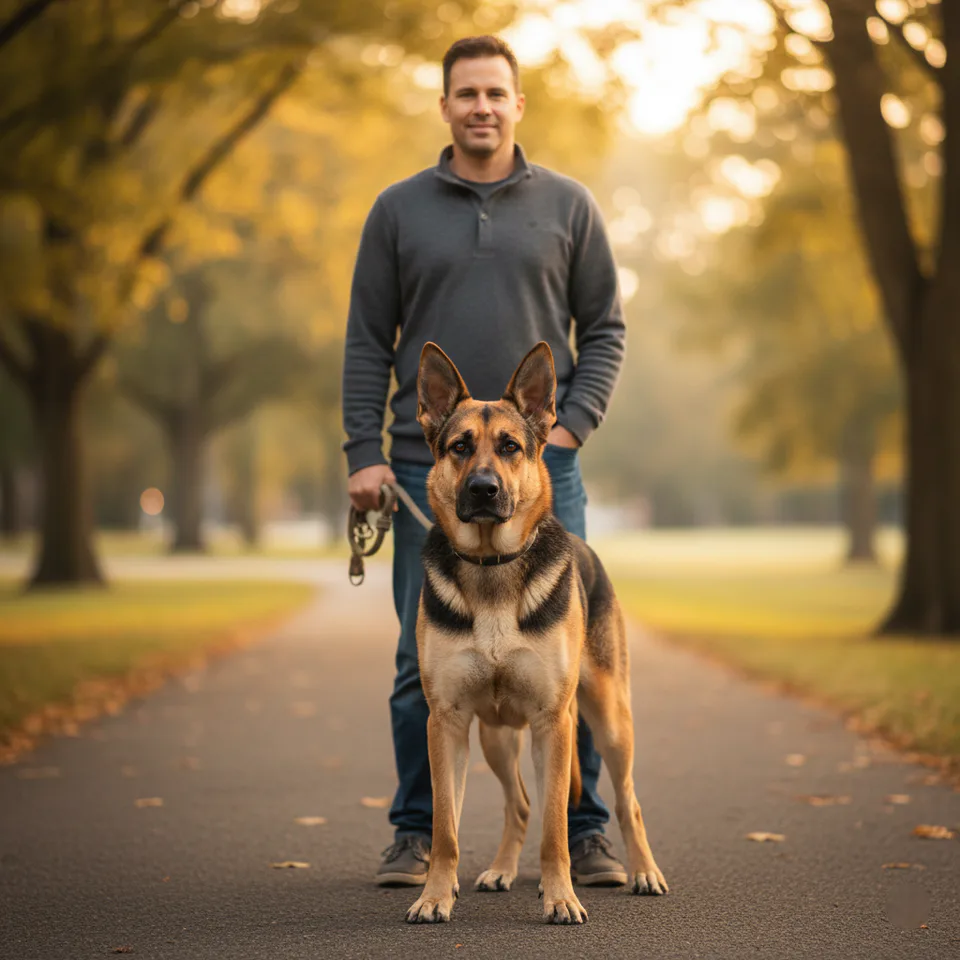 A dog standing protectively in front of its owner on a leash, body tense but calm — symbolising instinctive loyalty and the desire to keep their person safe.