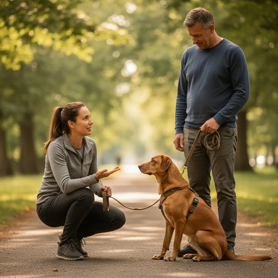 A professional dog behaviourist guiding an owner and their leashed dog during a calm outdoor training session — symbolising teamwork and expert support in managing leash reactivity.
