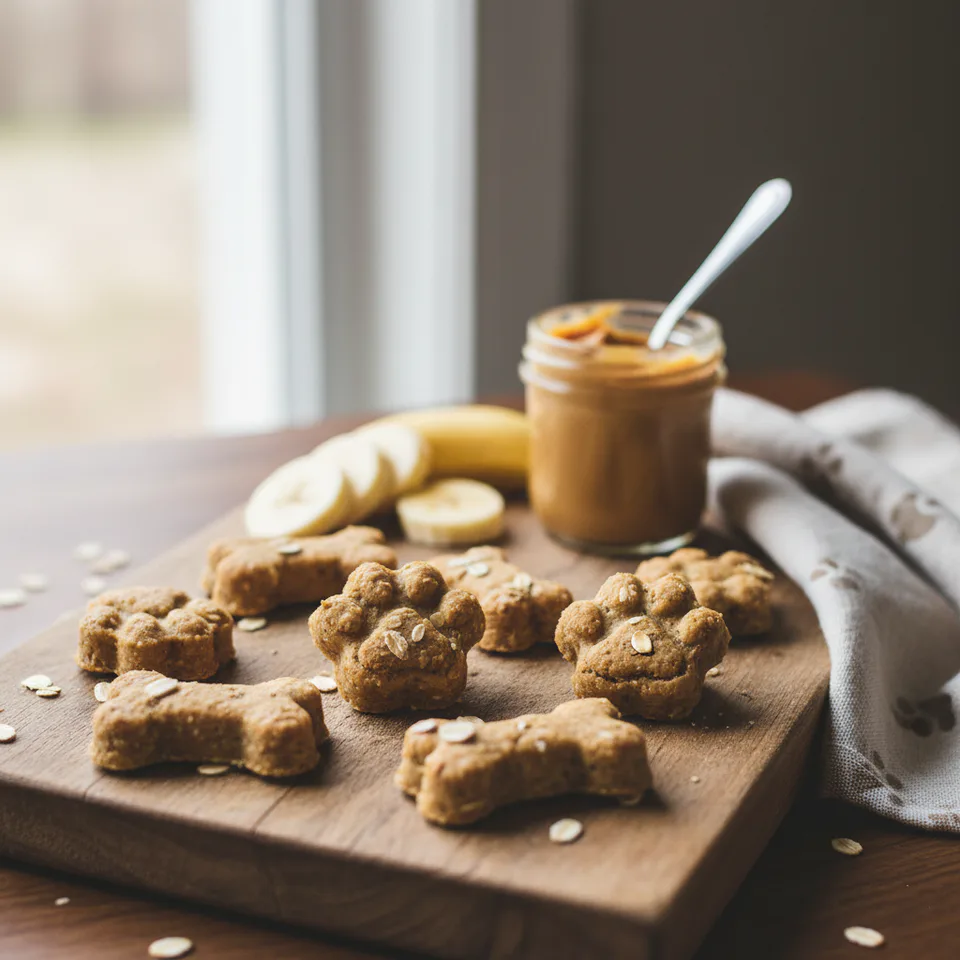 Homemade peanut butter banana dog treats on a wooden board with bananas and peanut butter in the background — a wholesome and easy recipe for dogs.