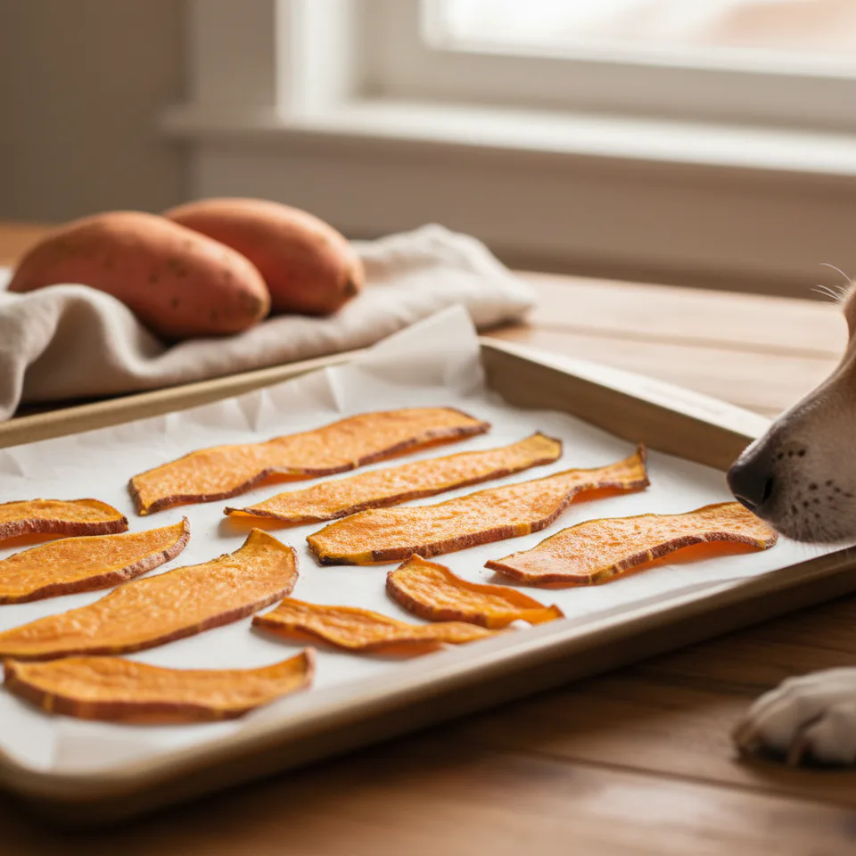 Homemade sweet potato dog chews on a baking tray with whole sweet potatoes in the background — a healthy, crunchy treat for dogs.