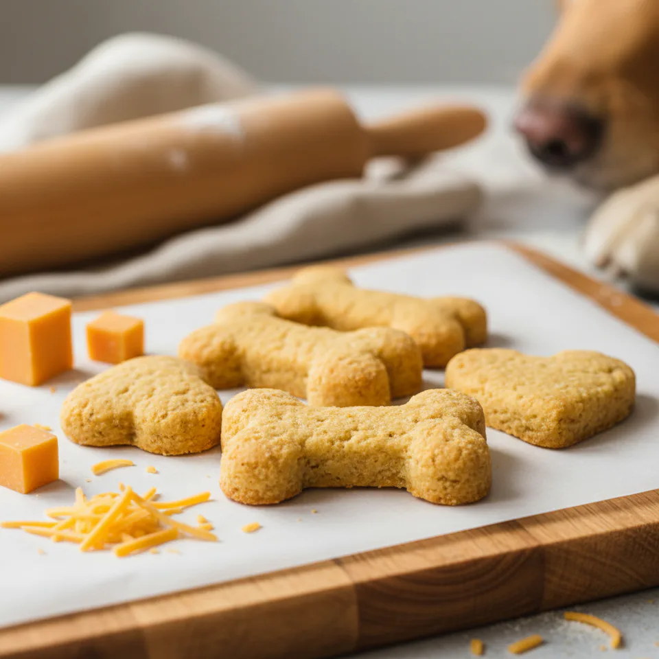 Homemade cheesy dog biscuits on a wooden board with grated cheddar and Parmesan — a savoury, golden-brown treat for dogs.
