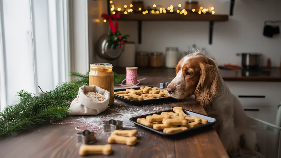 Festive kitchen scene with homemade dog treats shaped like bones and paws — DIY doggy delights for Christmas gifting.