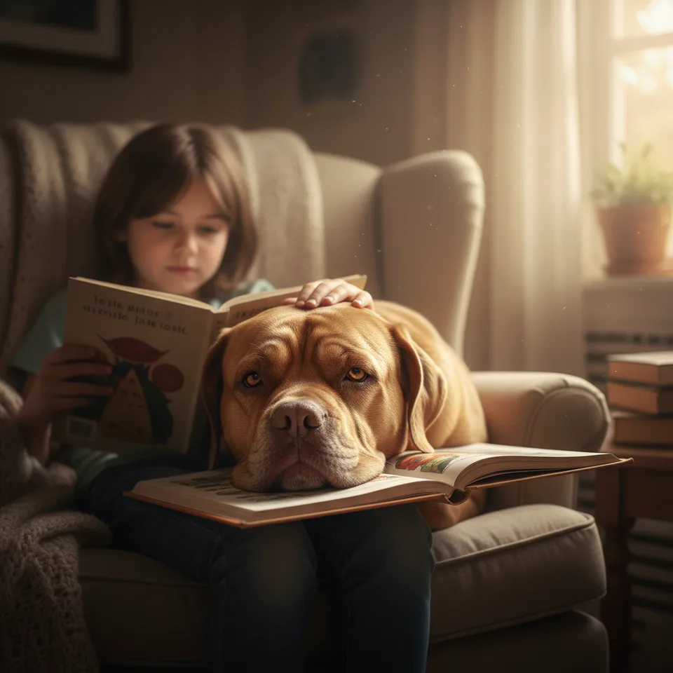 Gentle Dogue de Bordeaux resting its head on a child’s lap, showing affectionate temperament.