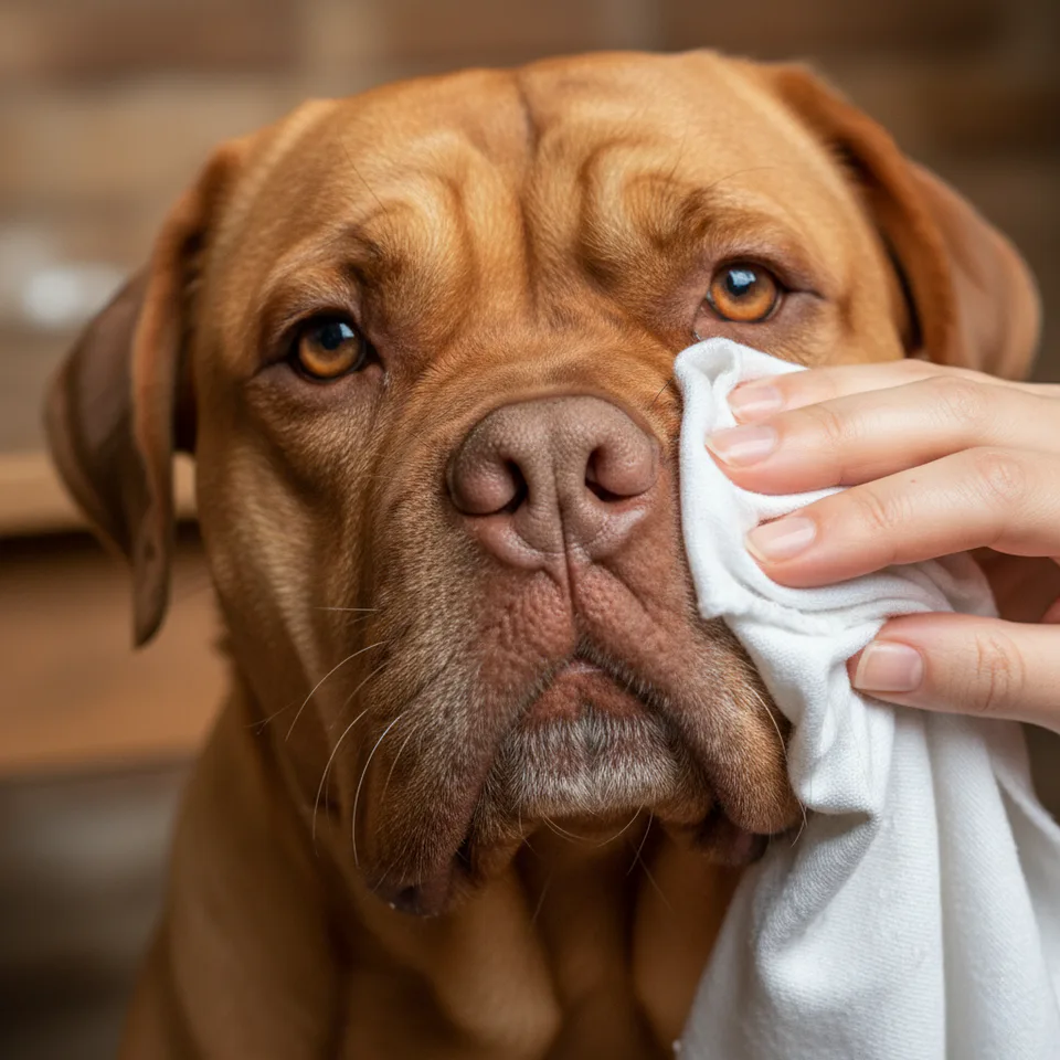 Close-up of Dogue de Bordeaux’s face being gently cleaned by owner.