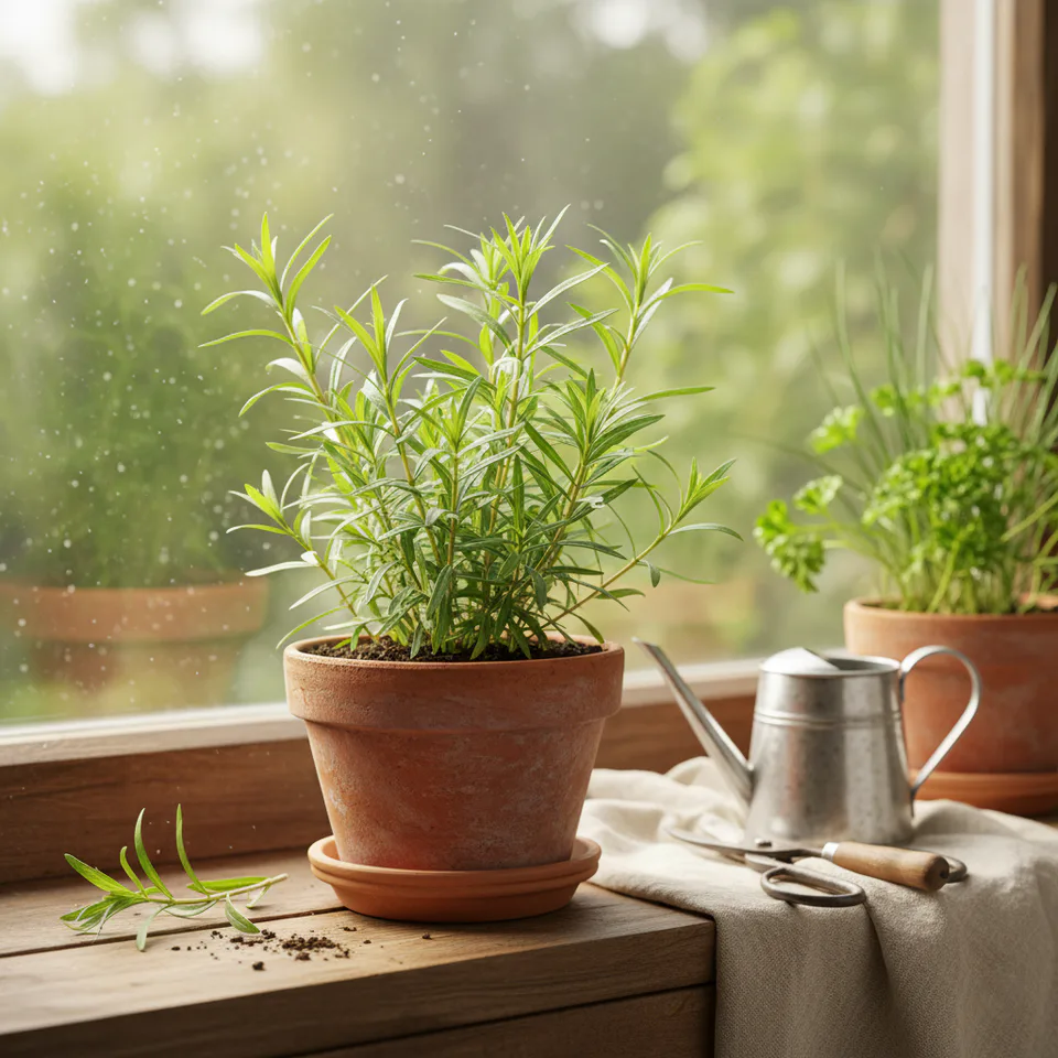 Fresh tarragon growing in a terracotta pot on a sunny windowsill with a watering can and garden scissors — showing how to grow and use tarragon at home.