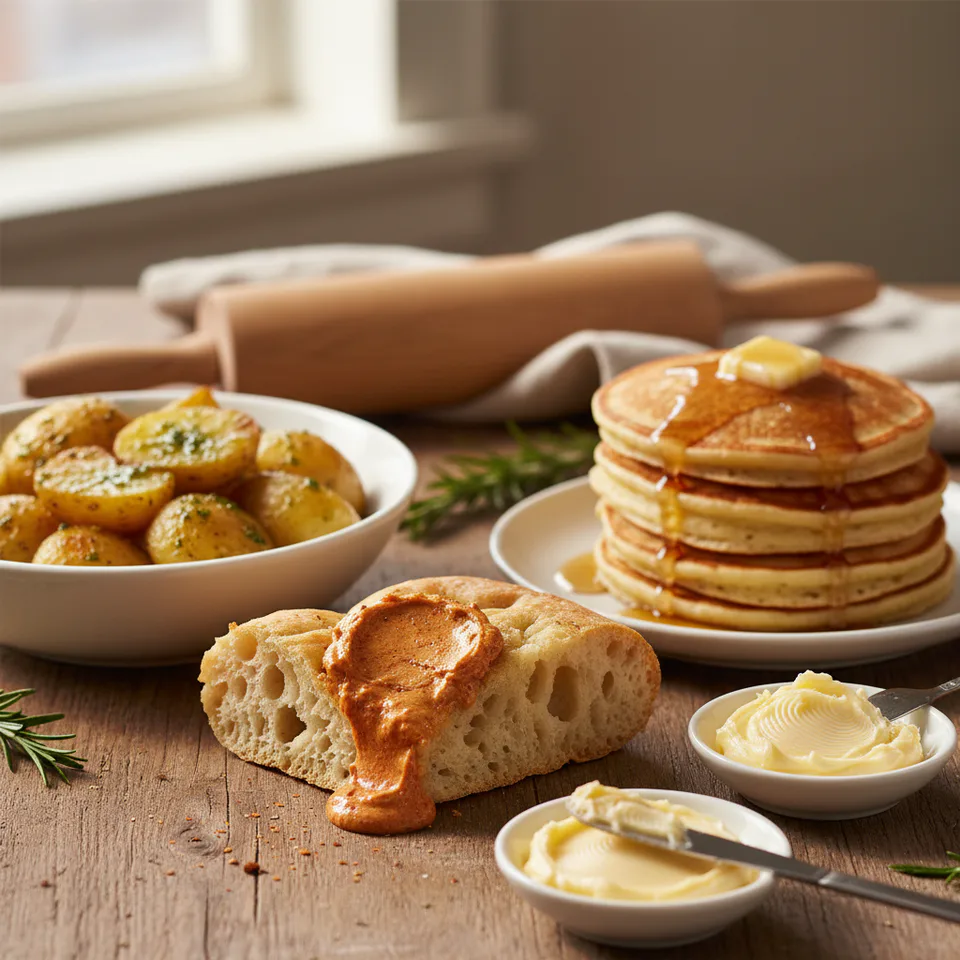 Rustic kitchen table with fresh bread, roast potatoes, pancakes, and pasta dishes each topped with different flavoured butter recipes, in warm natural light with a brown Spaniel watching from the edge of the frame