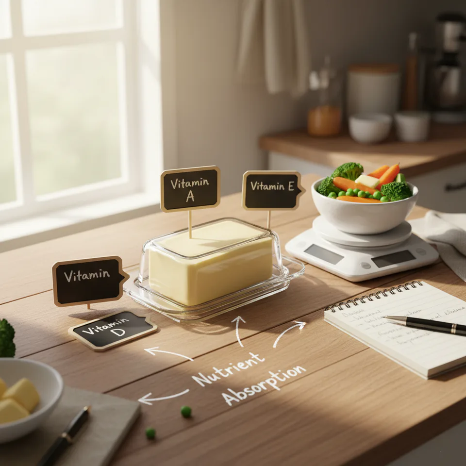 Bright rustic kitchen counter styled like a food-lab scene with a glass butter dish, labelled notes showing vitamins A, D and E, a digital scale, and a bowl of vegetables — illustrating the nutritional benefits of real butter in an easy-to-understand way.