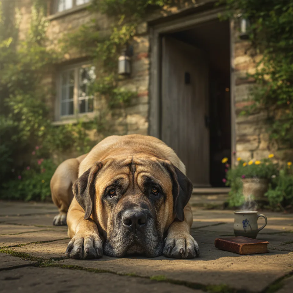 A calm English Mastiff resting on a sunlit stone patio beside a rustic cottage, its soft gaze and relaxed posture showing the gentle nature behind its giant frame.