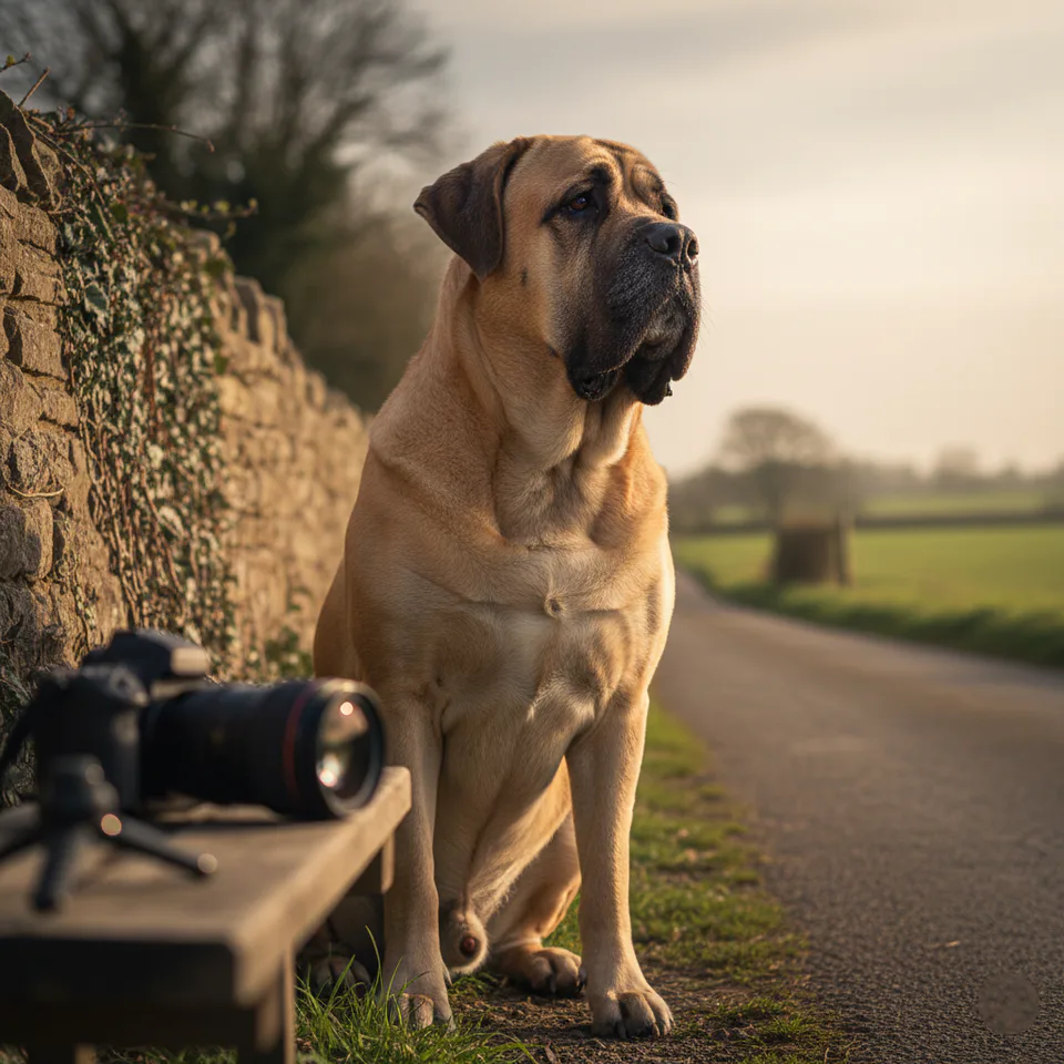 Majestic English Mastiff sitting calmly on a sunlit country lane, captured from a low angle to show its strength and gentle nature in warm golden light.