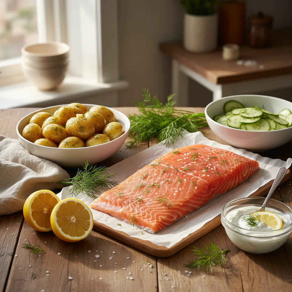Fresh dill with salmon, new potatoes, cucumber, and lemon in a rustic kitchen setting — showing classic flavour pairings that highlight dill’s freshness and versatility.