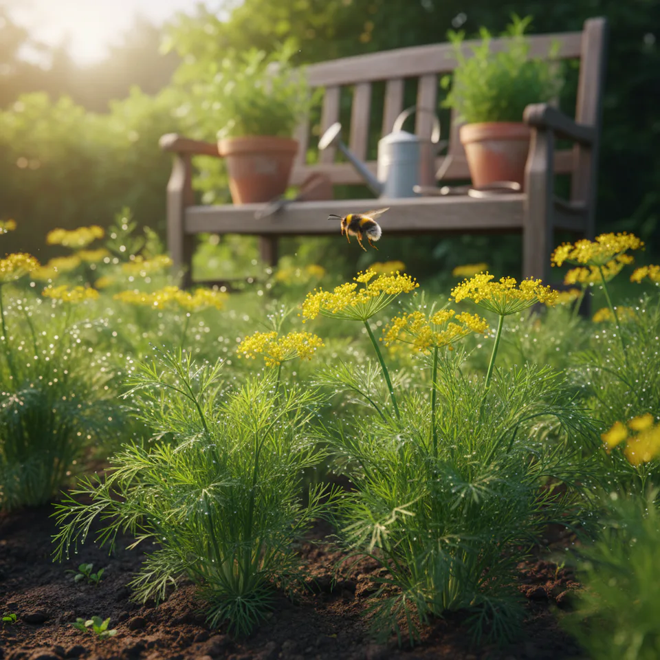 Dill plants growing in sunlight with feathery green fronds and yellow blossoms, surrounded by terracotta pots and garden tools — symbolising the joy of growing herbs at home.