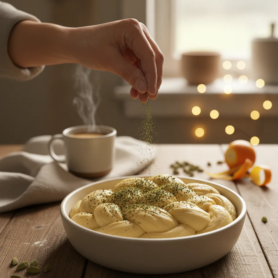 Hands sprinkling ground cardamom over brioche dough in a warm Scandinavian kitchen — a cozy scene symbolising home, memory, and the global story of baking with cardamom.
