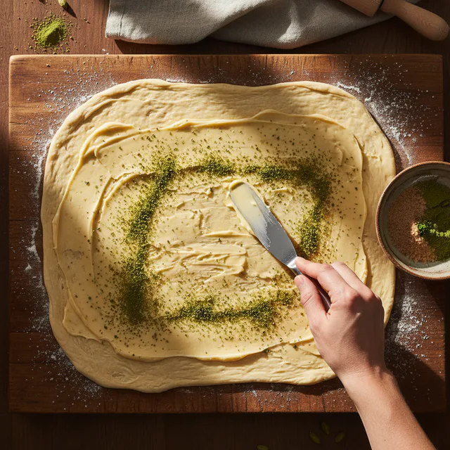 Close-up of cardamom filling being spread on rolled dough for Swedish Cardamom Braid, with bowls of brown sugar and crushed cardamom on a rustic table in warm natural light.