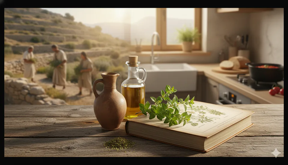 Fresh oregano sprigs on an open cookbook beside a clay amphora and olive oil bottle in a sunlit kitchen, with distant figures harvesting herbs on Mediterranean hills — symbolising oregano’s journey from ancient origins to modern cooking.