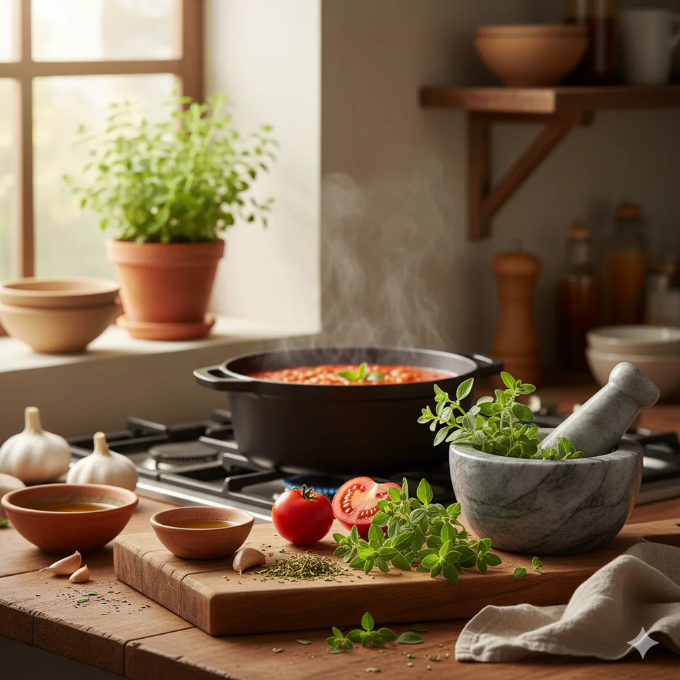 Fresh oregano scattered across a rustic wooden table with tomatoes, garlic, olive oil, and a simmering pot of sauce in the background — capturing the simple Mediterranean joy of cooking with herbs.