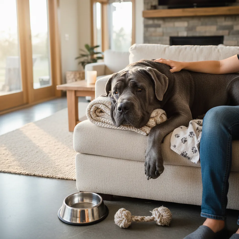 A Neapolitan Mastiff lounging comfortably on a sofa beside its owner in a warm, sunlit home — showcasing the gentle, affectionate side of this giant breed and the reality of living with such a powerful, loyal companion.