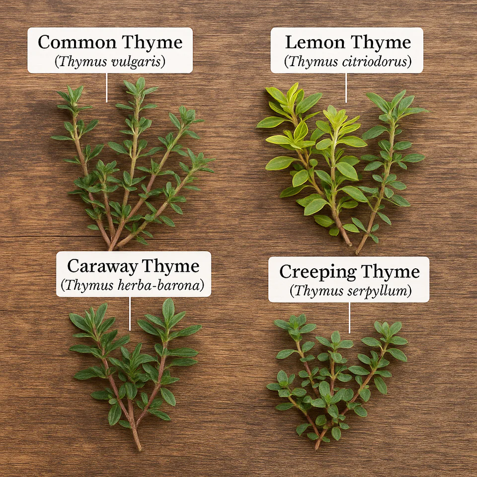 Four varieties of thyme displayed on a rustic wooden surface — Common Thyme, Lemon Thyme, Caraway Thyme, and Creeping Thyme — each labeled with its botanical name.