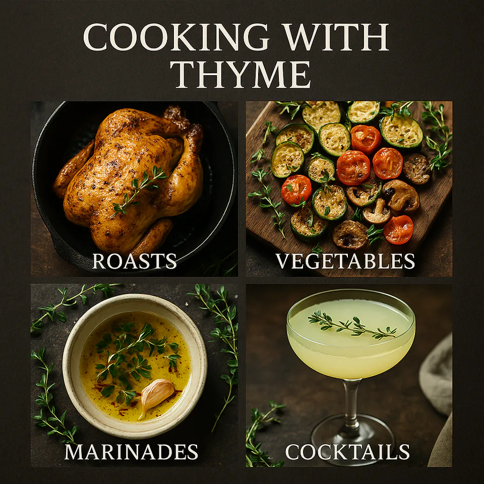 Fresh thyme used in cooking — sprigs scattered around roasted vegetables, olive oil, and a roast chicken on a rustic kitchen board