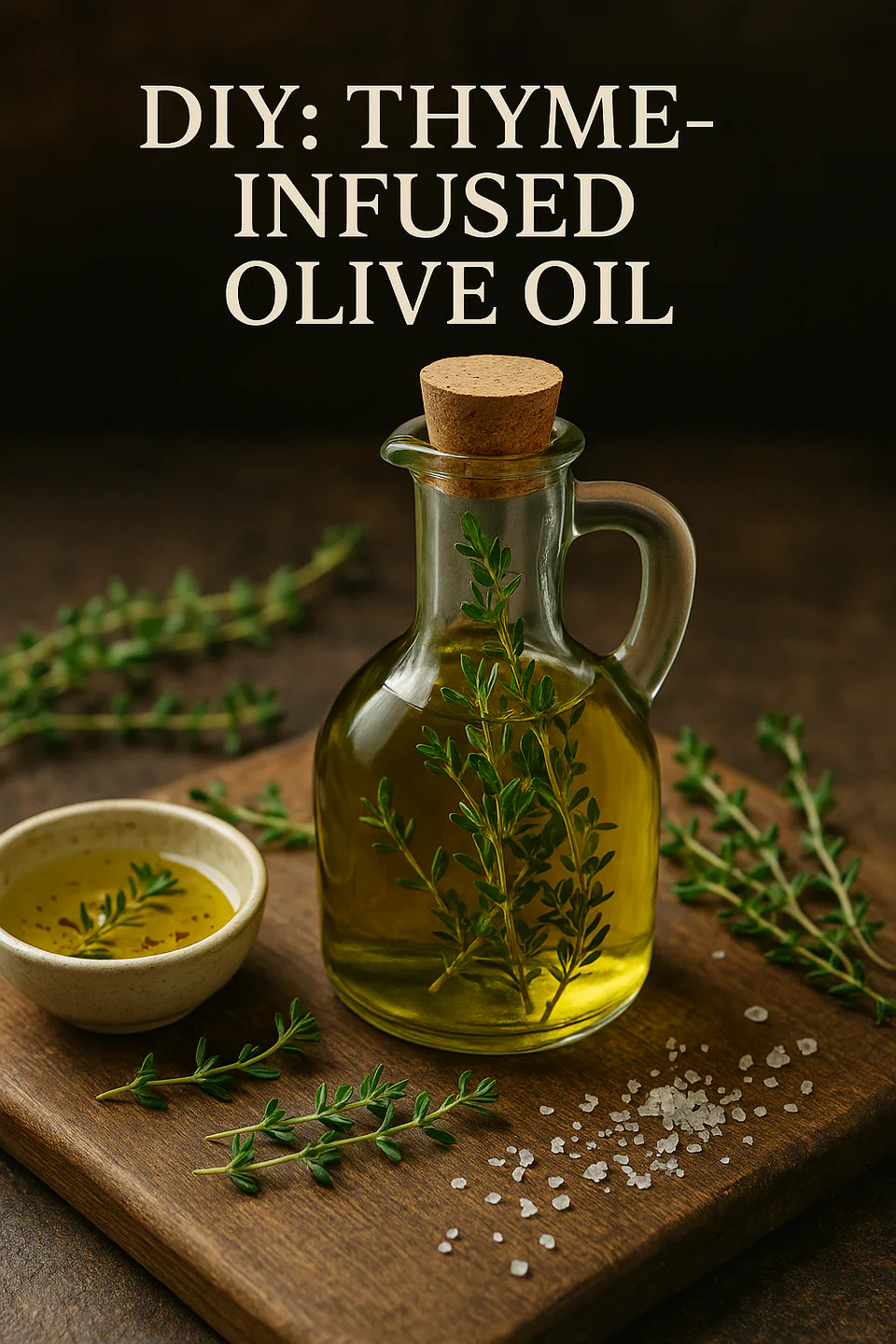 A bottle of golden olive oil infused with fresh thyme sprigs, garlic, and lemon peel on a rustic wooden surface — a simple DIY herbal oil perfect for drizzling or dipping.