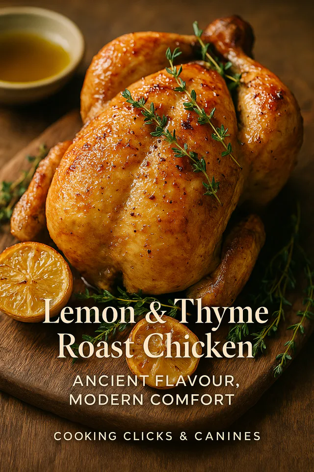 Tall portrait of a golden lemon and thyme roast chicken in a rustic pan with fresh thyme sprigs, garlic cloves, and lemon halves, captured in warm natural light on a wooden kitchen