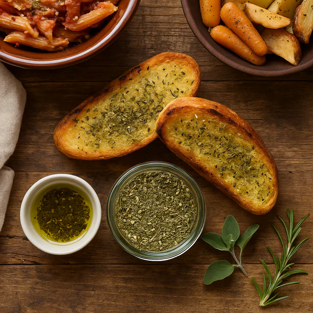 Rustic flat lay of a wooden table with small glass jars of Italian herb mix, a spoon scattering dried herbs, and nearby pasta, bread, and roasted vegetables under warm natural ligh