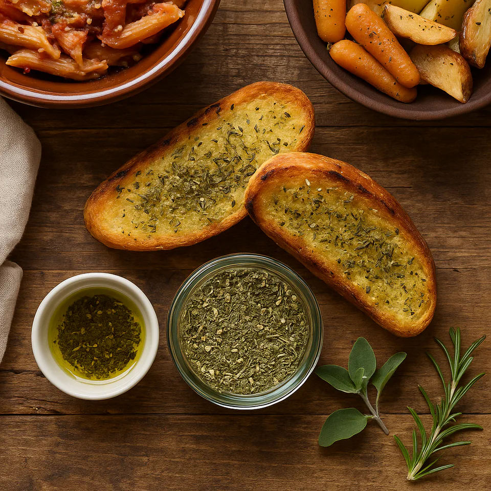 Rustic flat lay of a wooden table with small glass jars of Italian herb mix, a spoon scattering dried herbs, and nearby pasta, bread, and roasted vegetables under warm natural ligh