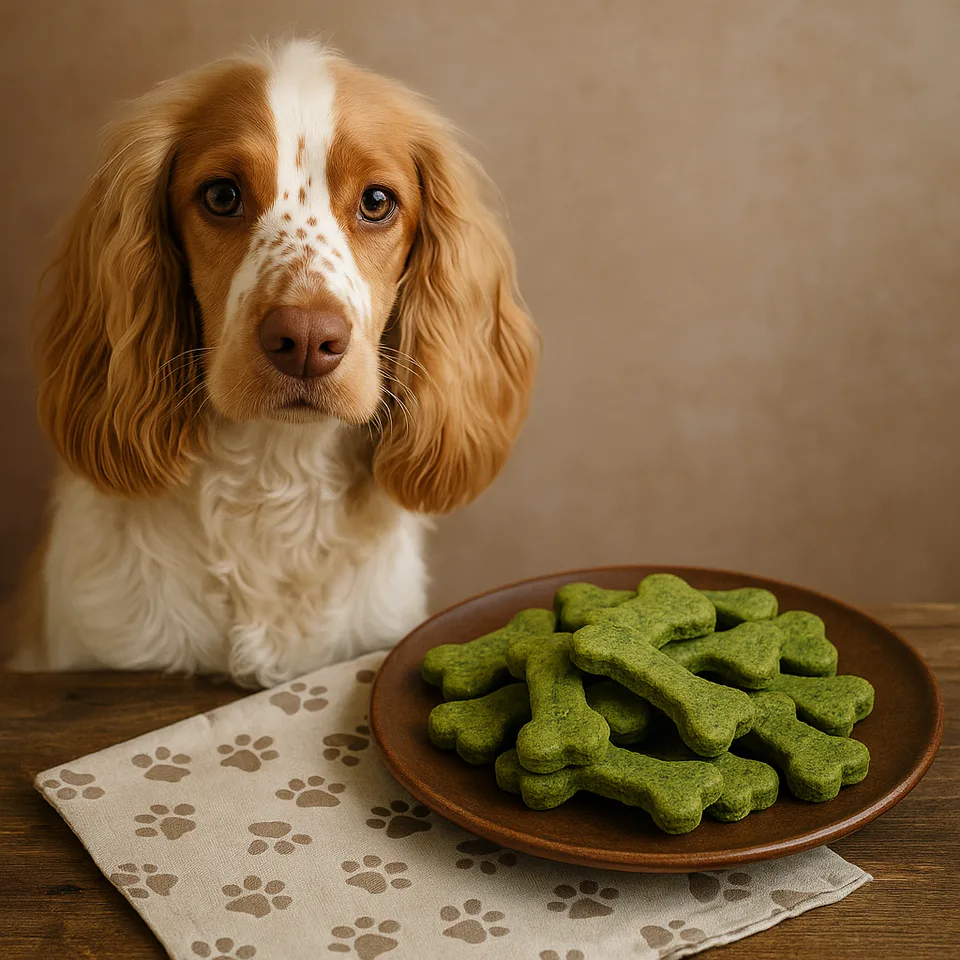 Dexter the spaniel posing beside green biscuits inspired by the matcha trend 2025