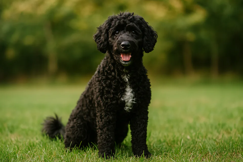 A cheerful Portuguese Water Dog sitting on green grass, with a curly black coat and bright brown eyes, looking alert and friendly in soft natural light.