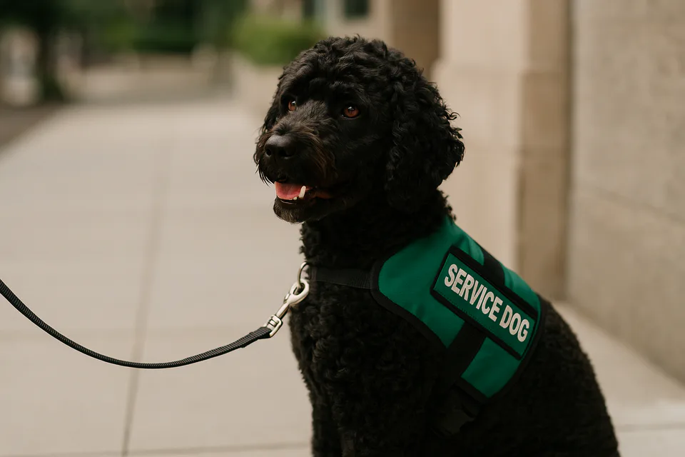 A Portuguese Water Dog wearing a green service vest sitting alertly on a city sidewalk, showing its calm focus and intelligence in soft natural light.