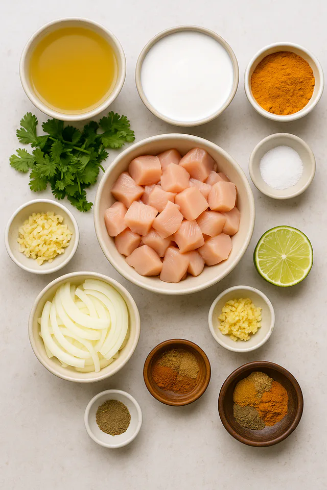 Ground turmeric, fresh ingredients and a golden turmeric chicken curry
