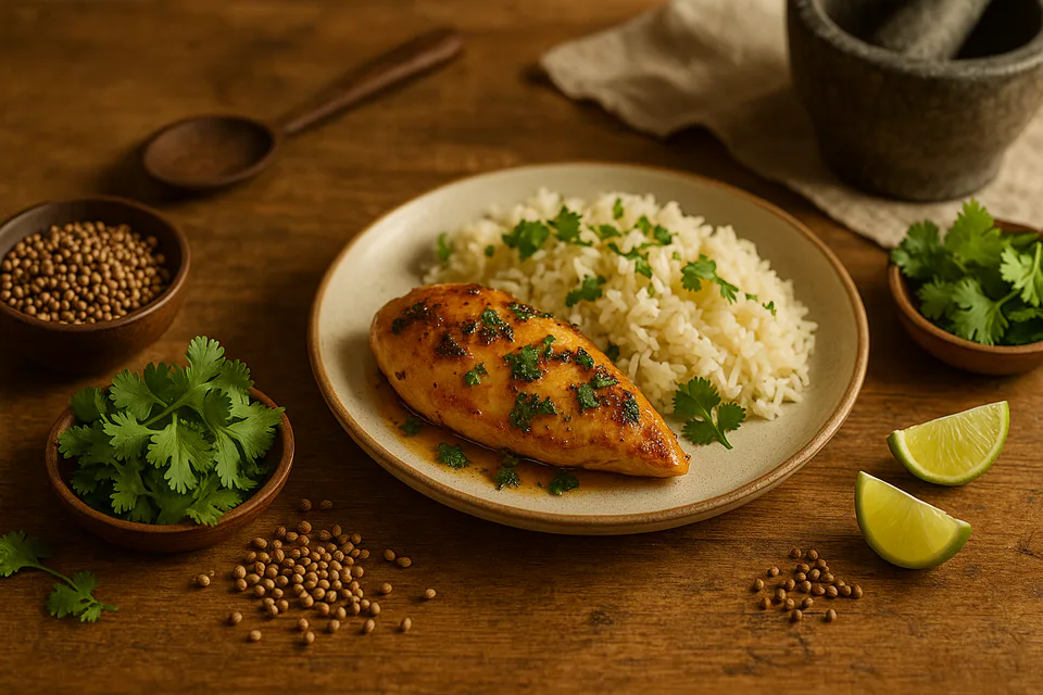 Fresh coriander leaves, coriander seeds and dishes seasoned with coriander