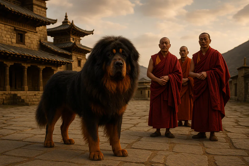 Tibetan Mastiff standing beside Tibetan monks in a historic Himalayan monastery, surrounded by prayer flags and ancient stone walls with snow-capped peaks in the background.
