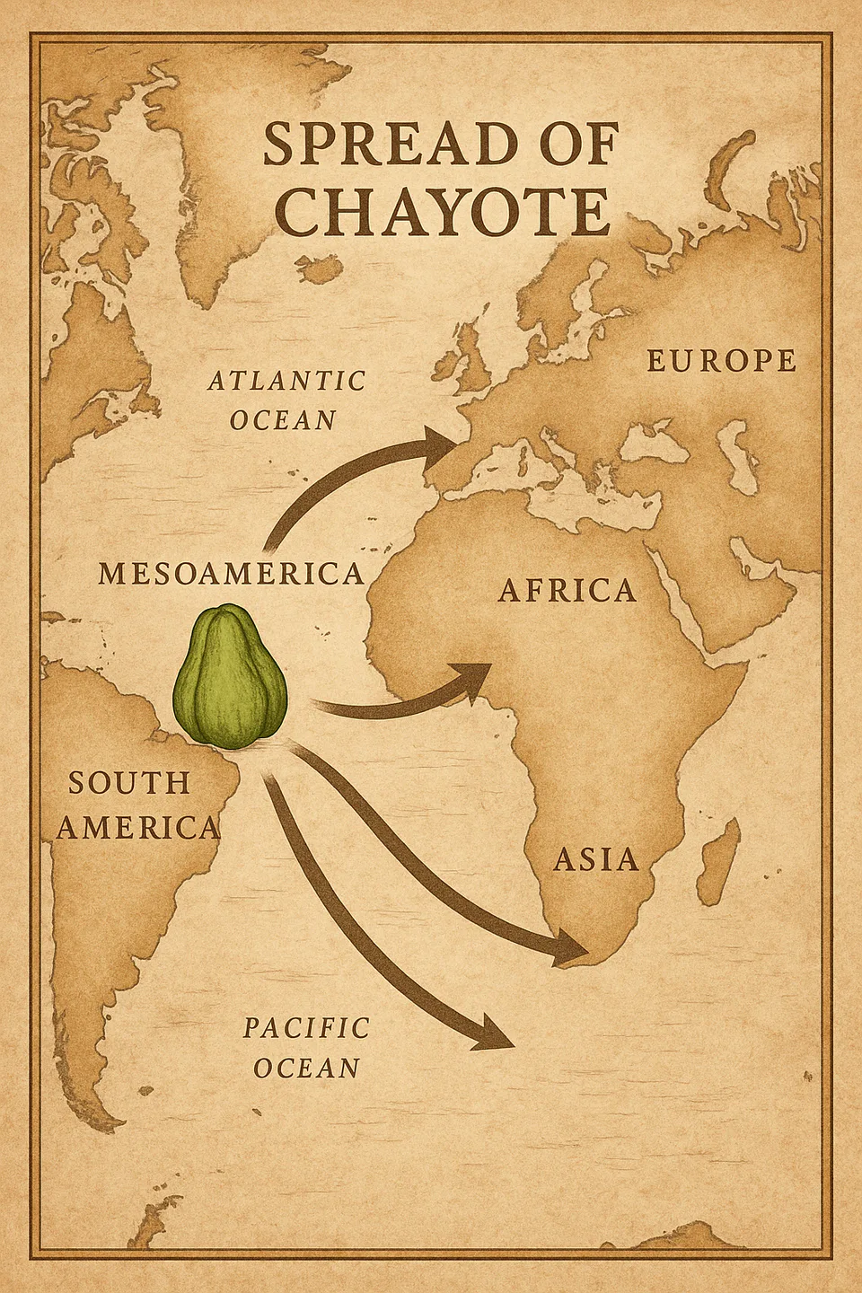 An illustrated map showing the historical spread of chayote from Mesoamerica to other regions