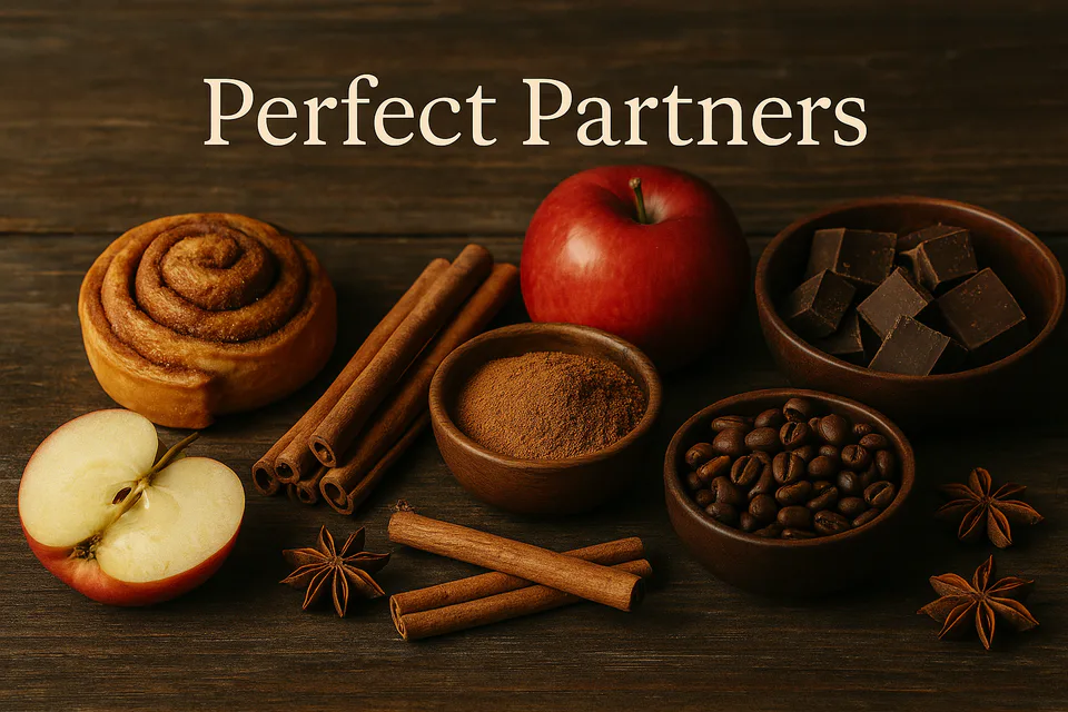 Cinnamon sticks, star anise, and fresh fruit arranged on a rustic wooden board — showcasing delicious flavour pairings like apples, pears, chocolate, coffee, and sweet root veg.