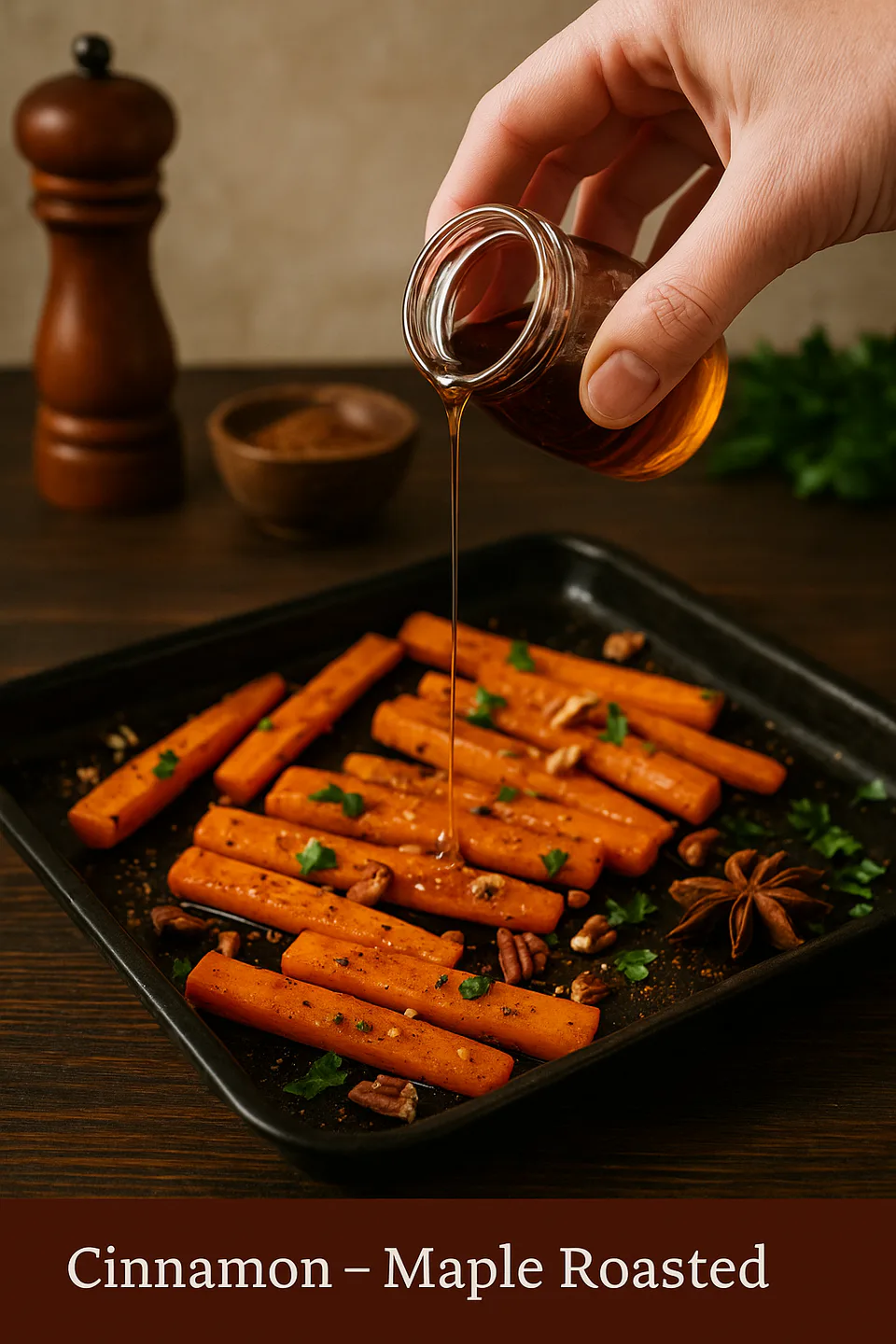 A tall portrait image of cinnamon maple roasted carrots arranged on a parchment-lined baking tray, glistening with caramelised maple glaze and sprinkled with fresh herbs, photographed in warm natural light.