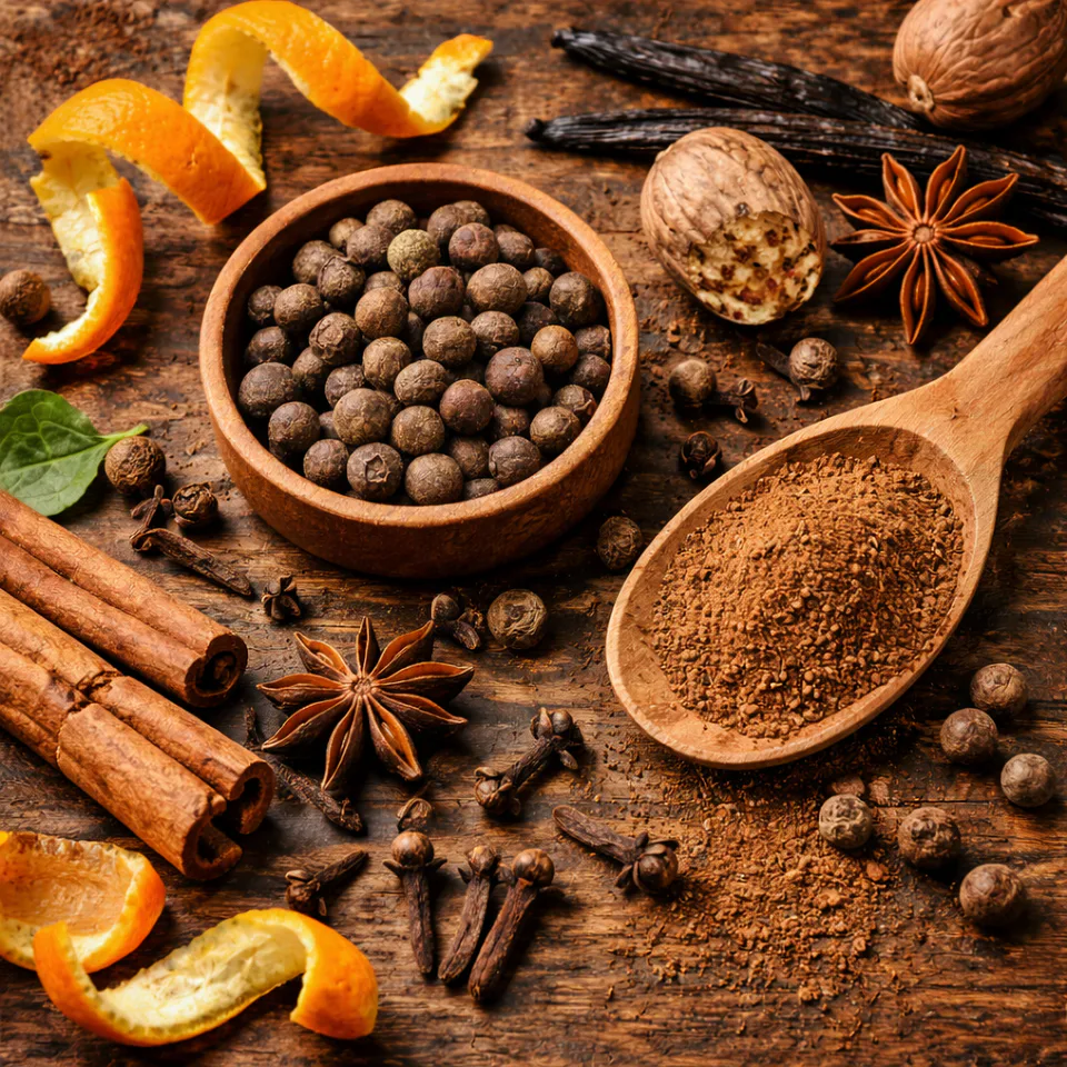 Close-up of allspice berries and ground allspice highlighting warm, aromatic flavours with notes of clove, cinnamon, nutmeg, and gentle pepper.