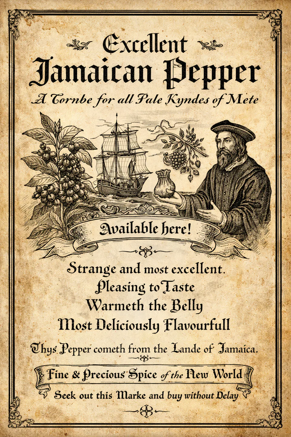 15th-century woodcut-style illustration advertising Jamaican pepper (allspice), showing spice berries, a sailing ship, and a medieval merchant, styled like an early printed trade poster.