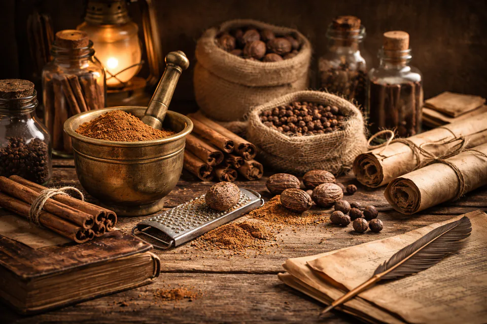 A warm, vintage-style still life of baking spices on a rustic wooden table, featuring a brass mortar and pestle with ground cinnamon, cinnamon sticks, whole nutmeg, an old grater, 