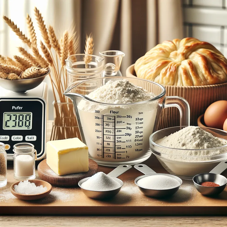 Flour, butter and baking tools arranged for homemade puff pastry.