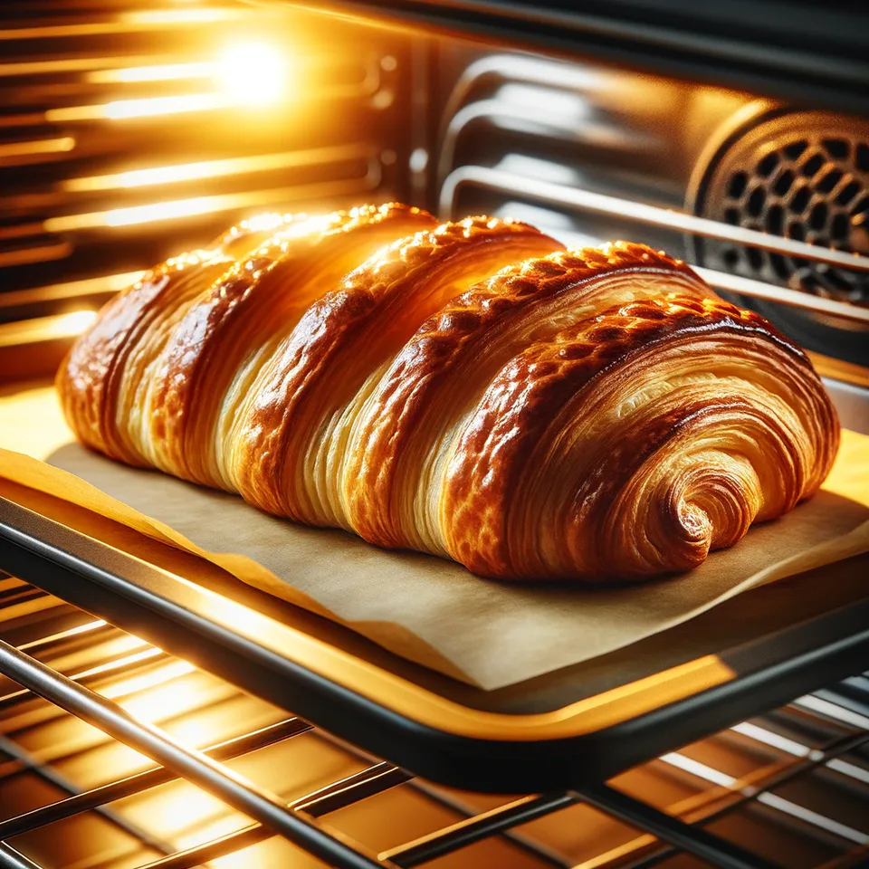 Puff pastry rising and browning in the oven.