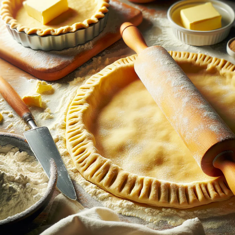 Rolled shortcrust pastry beside baked tart cases and a rolling pin.