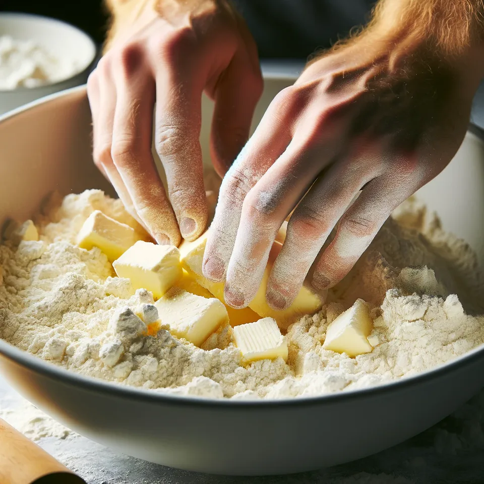 Hands rubbing cold butter into flour for shortcrust pastry.