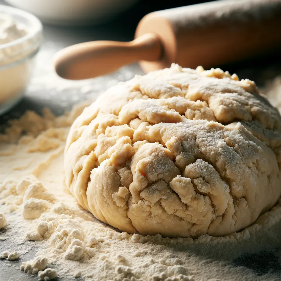 Shortcrust pastry dough coming together on a floured surface.