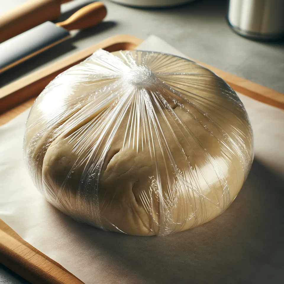 Shortcrust pastry dough wrapped and ready for chilling.