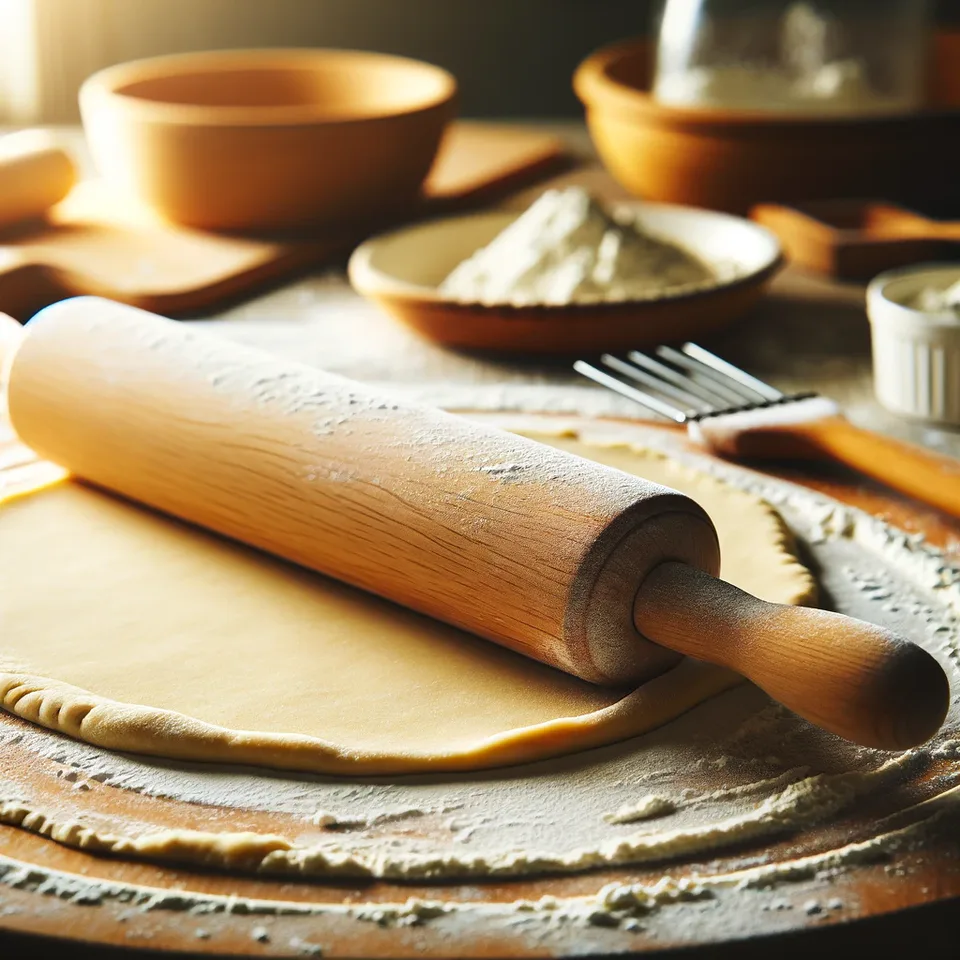 Rolling out shortcrust pastry with a wooden rolling pin.