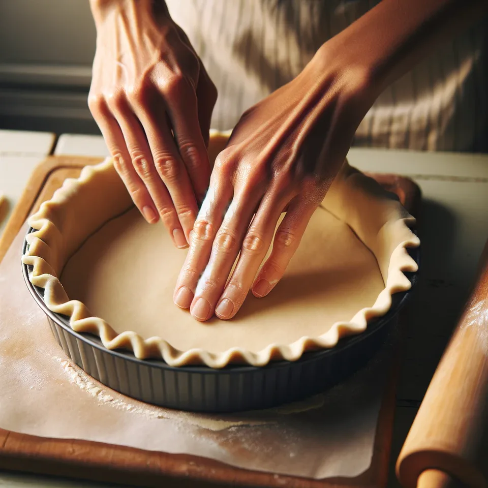 Pressing shortcrust pastry into a tart tin.