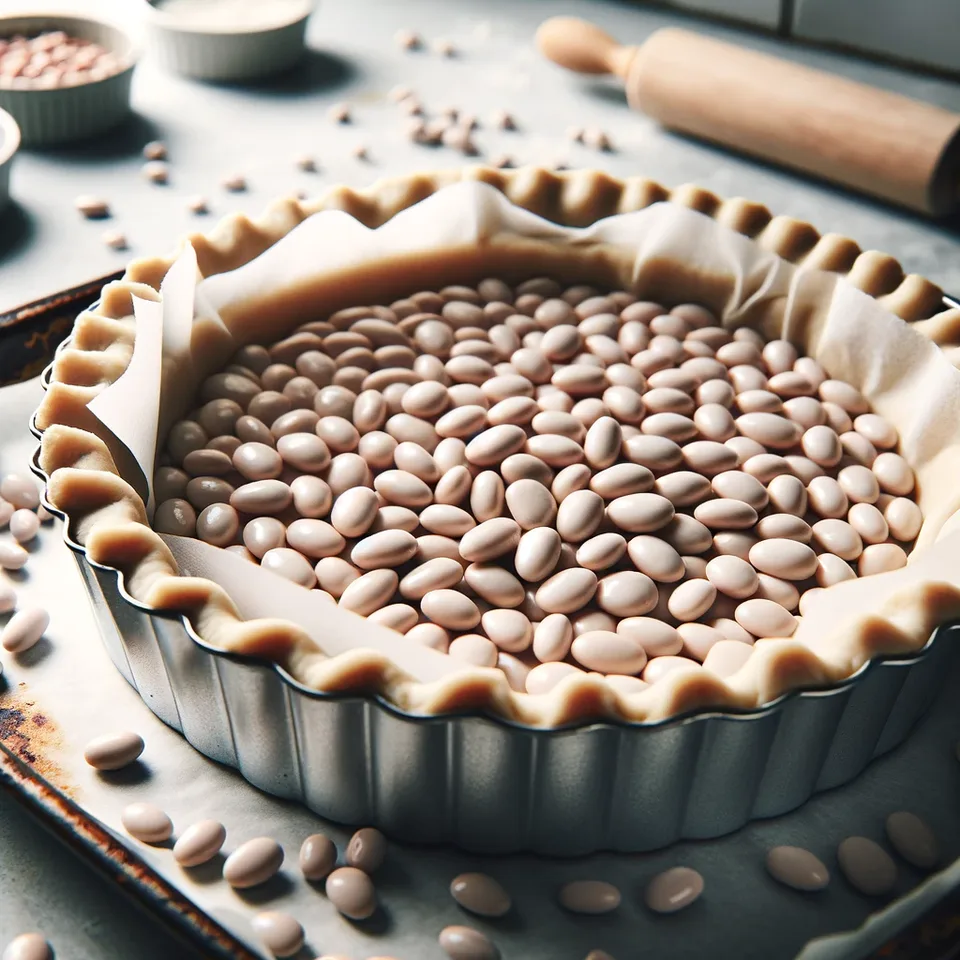 Pastry case lined with paper and baking beans for blind baking.
